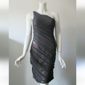 Aidan Mattox Brown One Shoulder Sequin Mesh Overlay Gathered Dress Size 4
